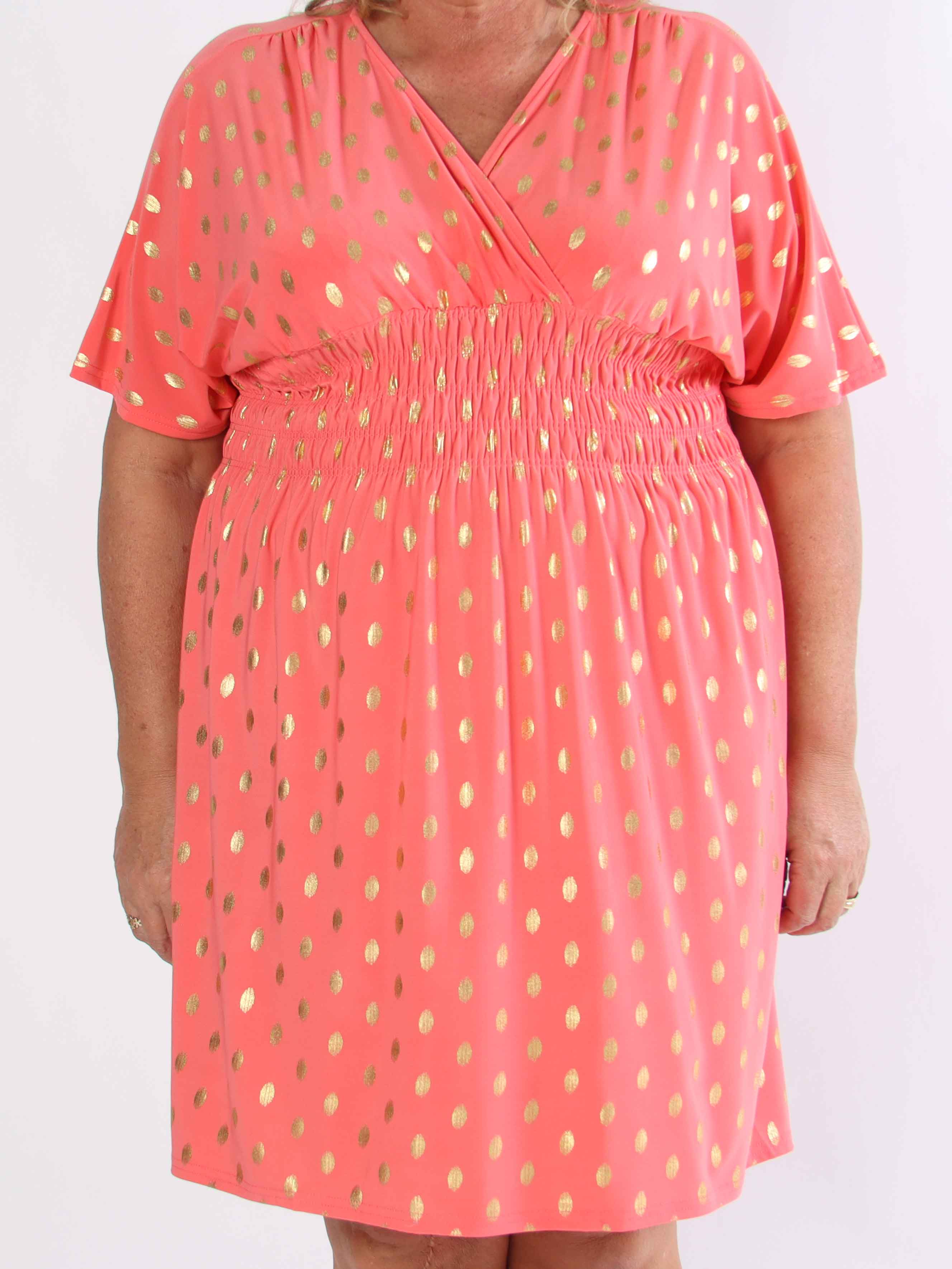 Pams Dot Short - Plus size elastisk kjole med guld prikker